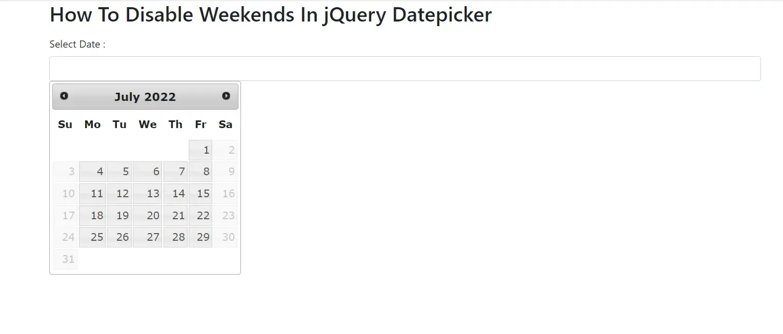 Disable Saturday and Sunday in jQuery datepicker